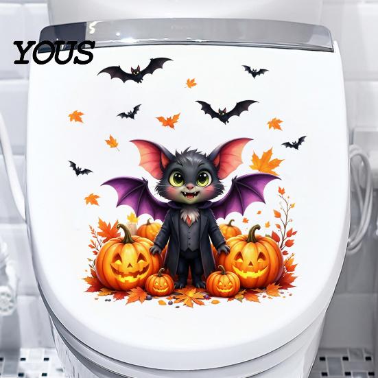Removable Toilet Decals Halloween Decals, Cute Cartoon Bat in Suit & Black Crow with Witch Hat, Waterproof Peel-off Stickers Seat Cover Decor