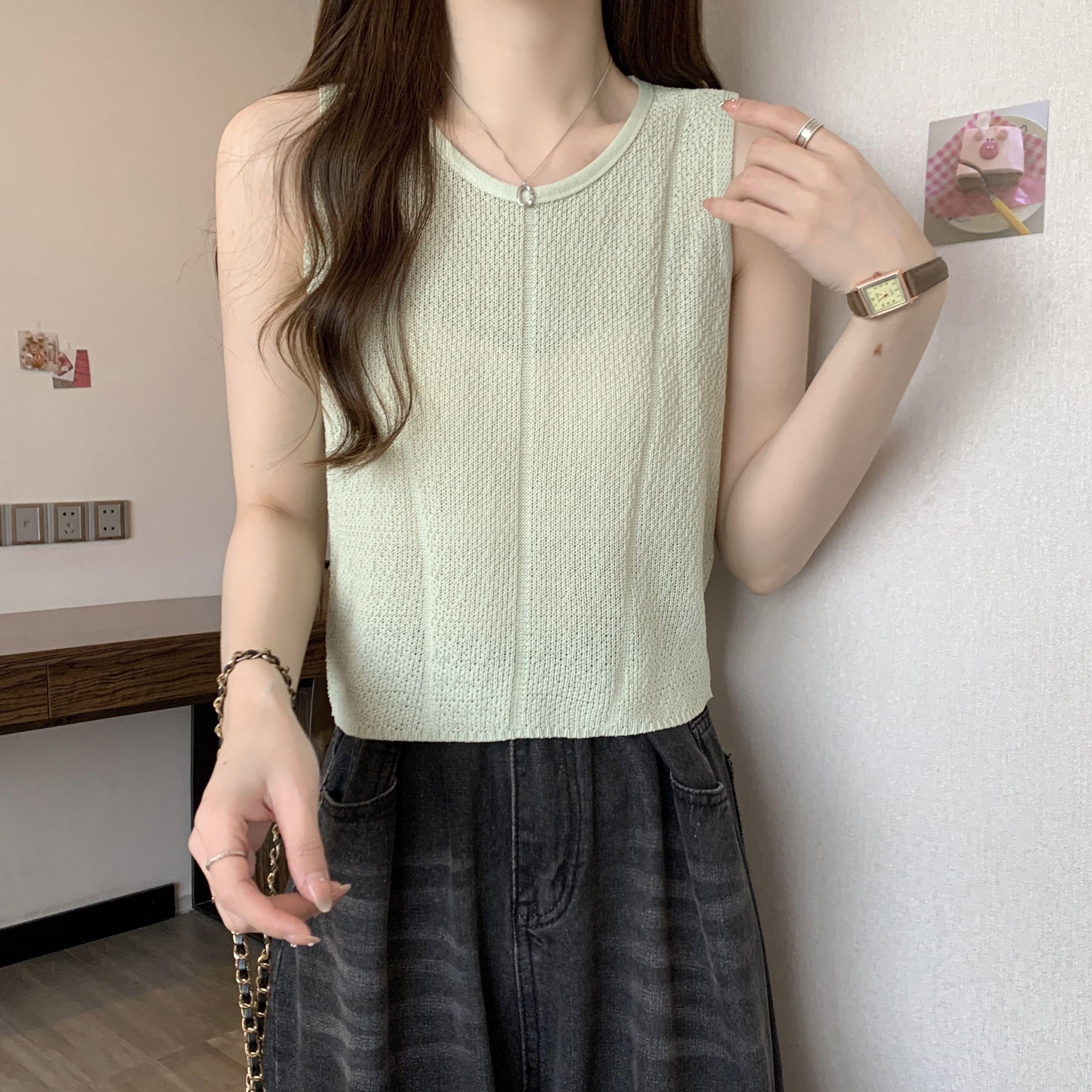 

Женский белый вязаный жилет, летний корейский вариант, короткий топ без рукавов с подтяжками L