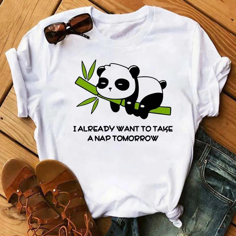Cute Panda With Sunglasses Graphic Women T-Shirt Minimalist Black Line Animal Print Short Sleeve Casual Streetwear Tee