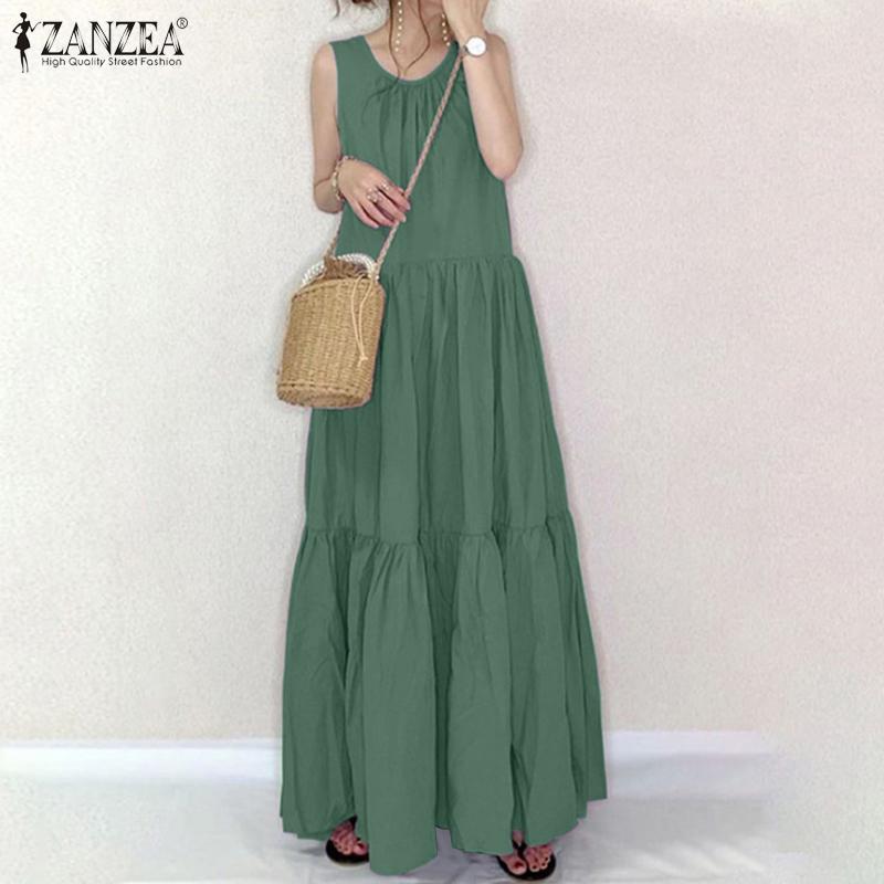

ZANZEA Женское повседневное летнее свободное длинное платье без рукавов 2XL зелёный