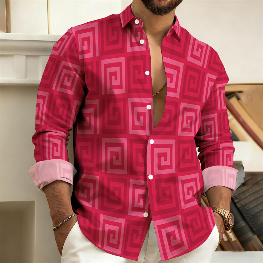 Men's Lapel Long-Sleeved Shirt with Printed Greek Key Pattern, Stylish, Handsome, Vintage, and Comfortable Men's Top.