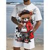 Men's Summer Fashion Teddy Bear Print Soft and Breathable Round Neck T-shirt Shorts Set Outdoor Casual Wear