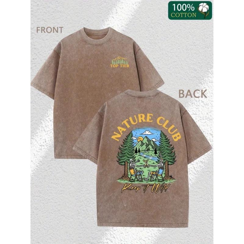 

Men S Retro Washed T-Shirt with a Double-Sided Natural Club Print, Featuring a Round Neck And Short Sleeves.This Casual Streetwear Is Machine Washable 5XL дубильна кора