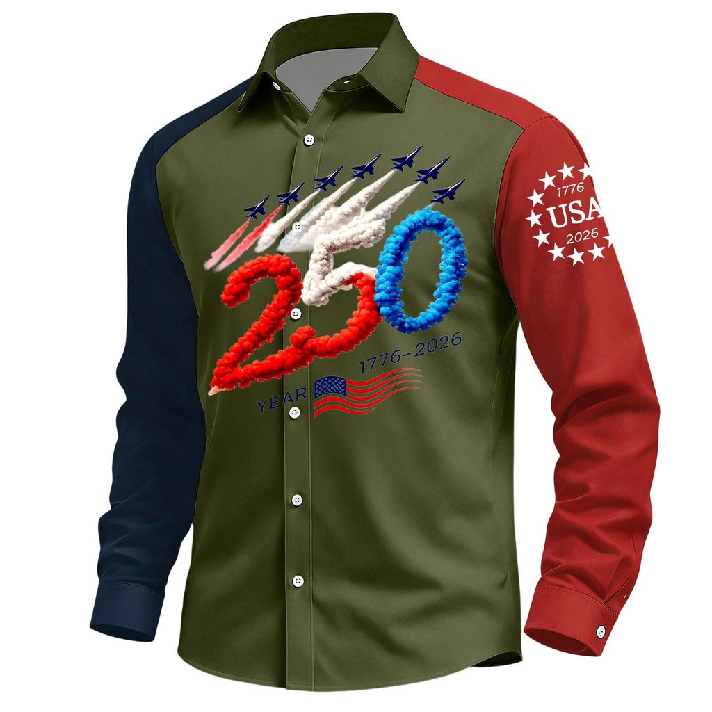 Men's Casual Independence Day Printed Lasel Button Long Sleeve Shirt