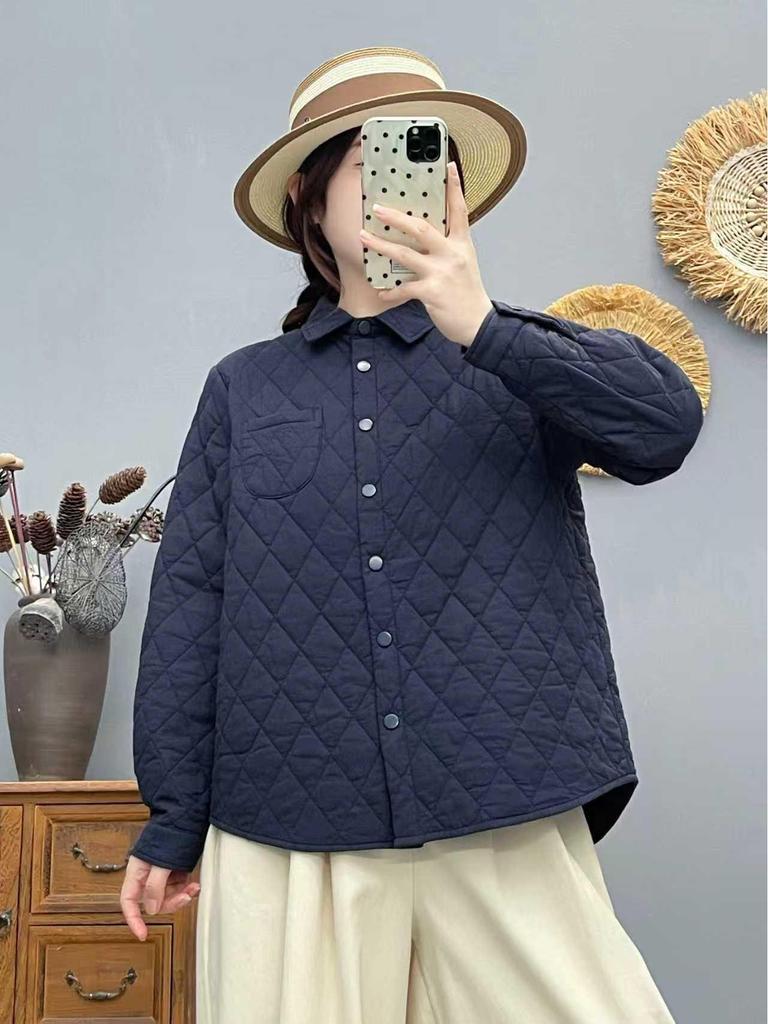 Women's Loose Fit Plaid Padded Cotton Jacket - Winter Diamond Pattern