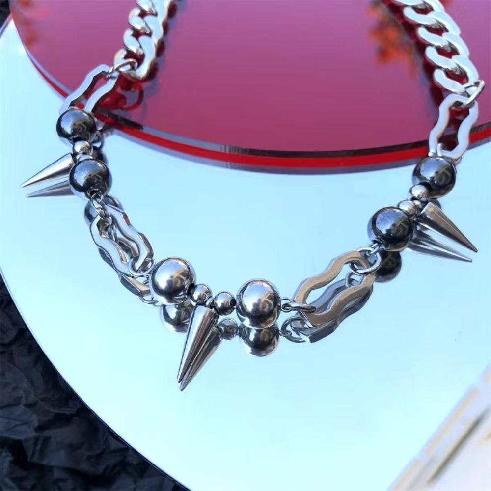 Punk Hip-hop Sliver Color Stainless Steel Rivet Tassel Round Bead Spliced Necklace for Women Collar Chain Jewelry Does Not Fade