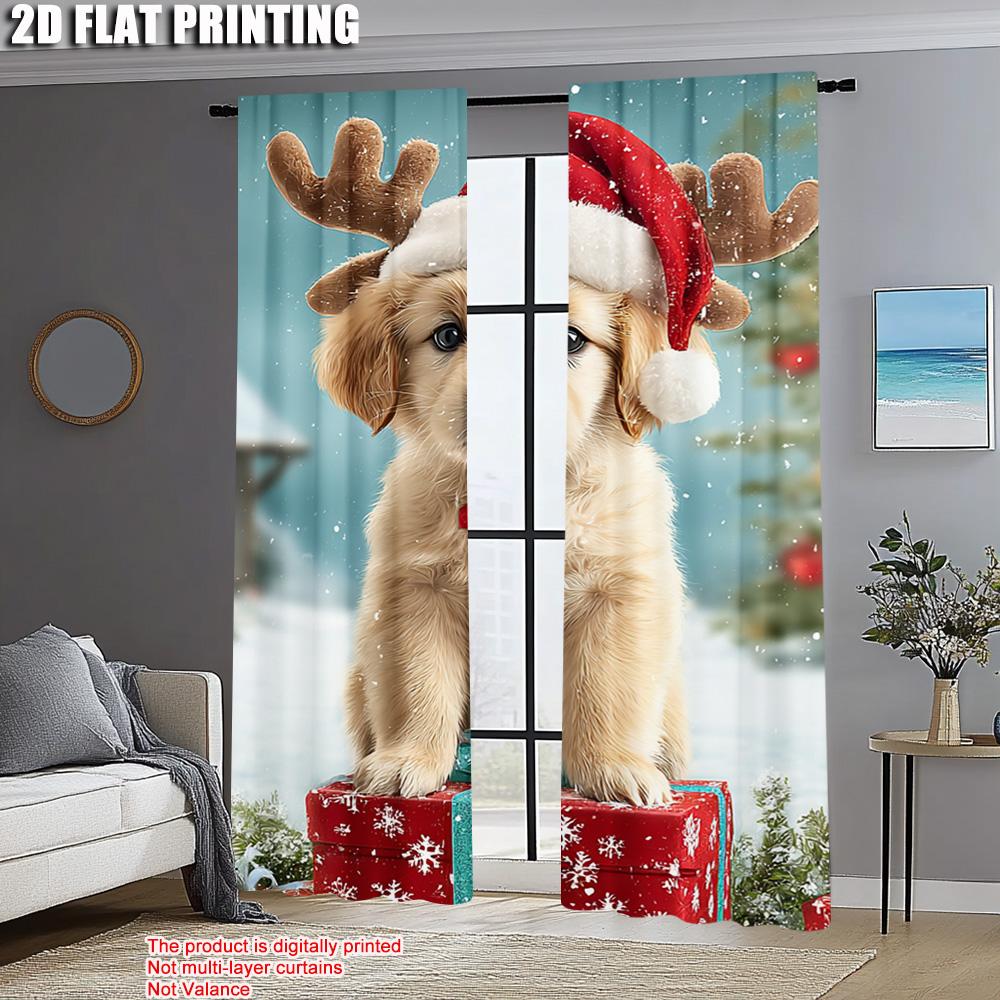 2Pcs,2D Plane Printing Popular Curtain Panels Merry Christmas Puppy Gift Polyester Easy Install (Without Rod) Decorations For