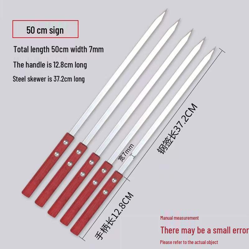Stainless Steel BBQ Skewers with Wooden Handle - Large Flat Skewers for Grilling Meat Outdoors