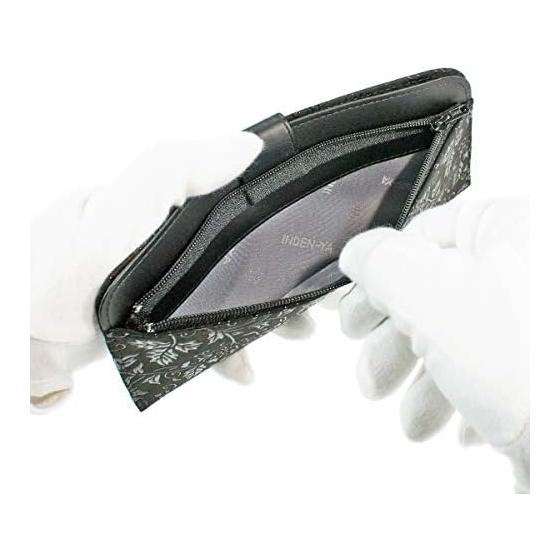 Inden-ya Inden Long Wallet, Thin, Deer Leather, Black X Black Lacquer, Karakusa Pattern 2107-01-041