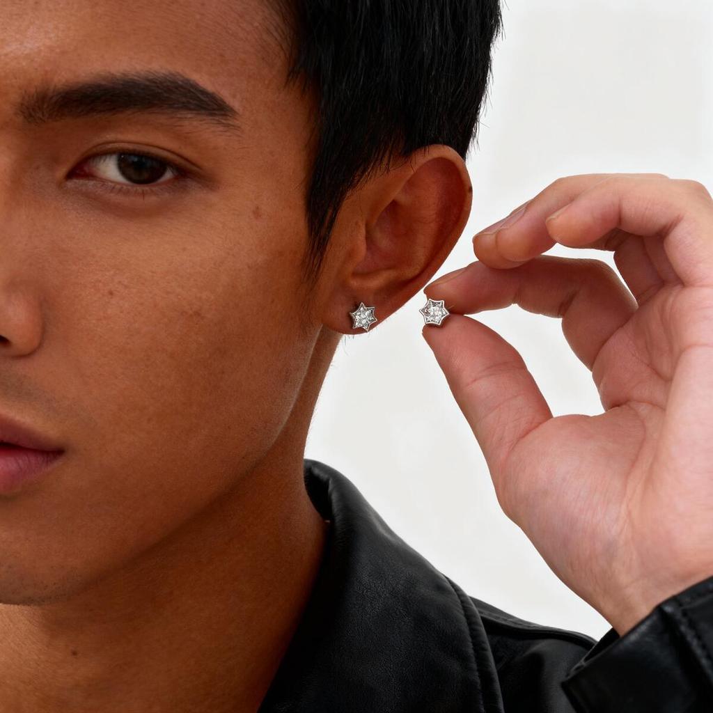 Hip Hop Star Stud Earrings for Men Women,Silver Color Zircon Star Tiny Stud Earrings,Minimalist Ear Hole Care Accessories Gifts