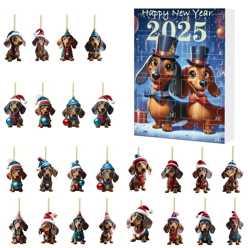 Christmas Advent Calendar with Santa Hats Hanging Dachshund Ornaments Mini Xmas Tree Dog Pendant for Holiday Backpack Ornaments