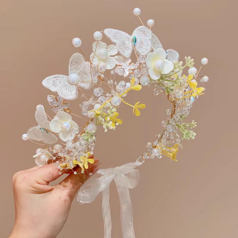 Fairy Forest-Style Flower & Butterfly Hair Accessories for Girls - Ancient Style Headdress with Pearl & Hanfu Headband