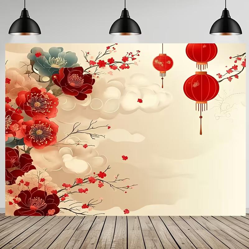 2D Aesthetic Red Plum Blossom Lantern Photography Background 47.2x31.5inch/120*80cm