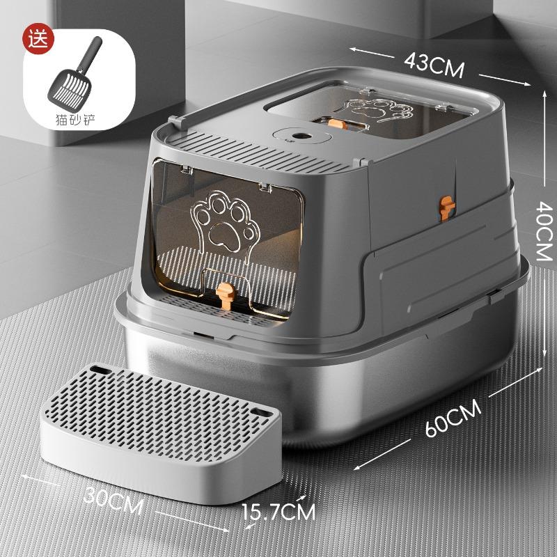 Large Enclosed Cat Litter Box Stainless Steel Anti-Scatter Cat Bedpan Fully Sealed Kitty Toilet High-Sided Pet Bathroom Solution