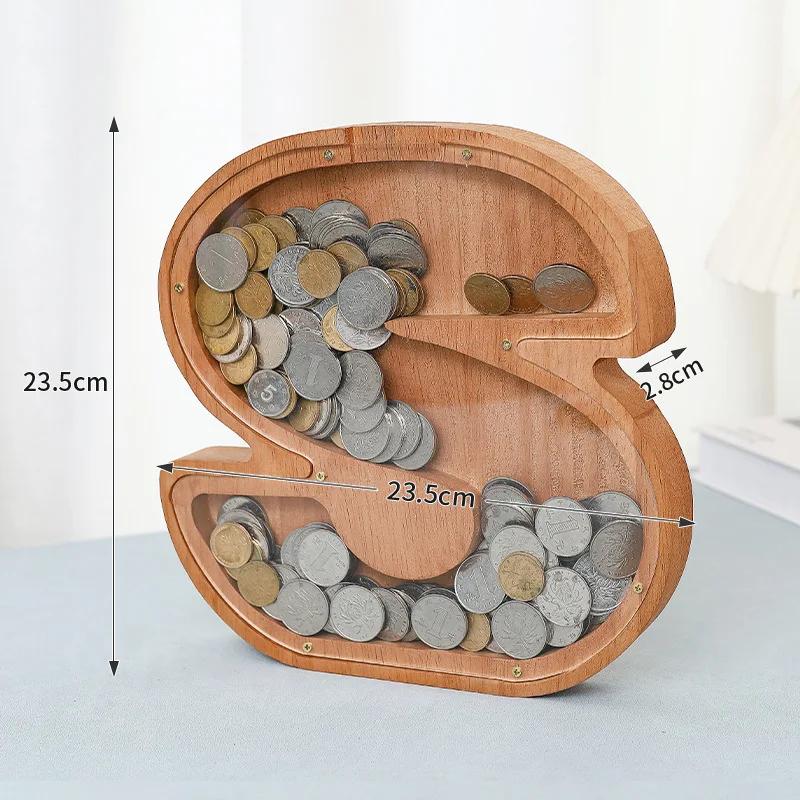 23cm Large Size Twenty-six Letter Piggy Bank Wooden Coin Money Saving Box Jar Coin Storage Box Desktop Ornament Home Decor Craft