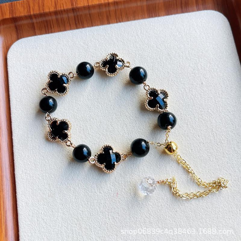 Bracelet Tour de Cristal Jaune Citrine Naturelle avec Motif Trèfle à Quatre Feuilles - Cadeau Luxe Léger Automne/Hiver pour Femmes