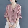 Retro Embroidered Disc Button Linen Cotton Shirt Women's Summer Chinese Zen Tea Dress Loose Short V-neck Top