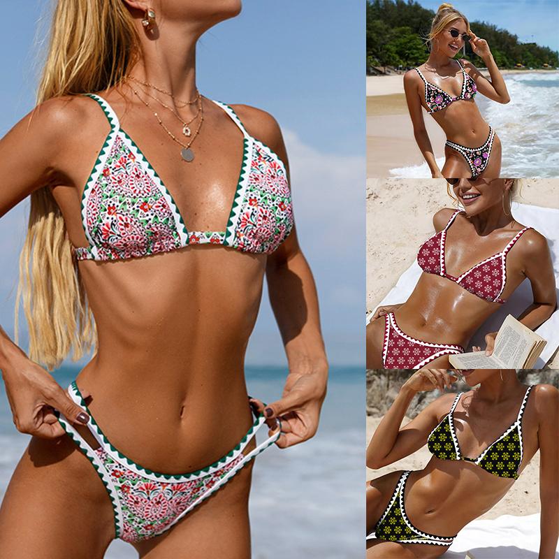 Set două piese Costum de baie pentru femei Costum de baie retro Split Vară Costum de baie cu cravată în față Costum de baie cu flori de vacanță