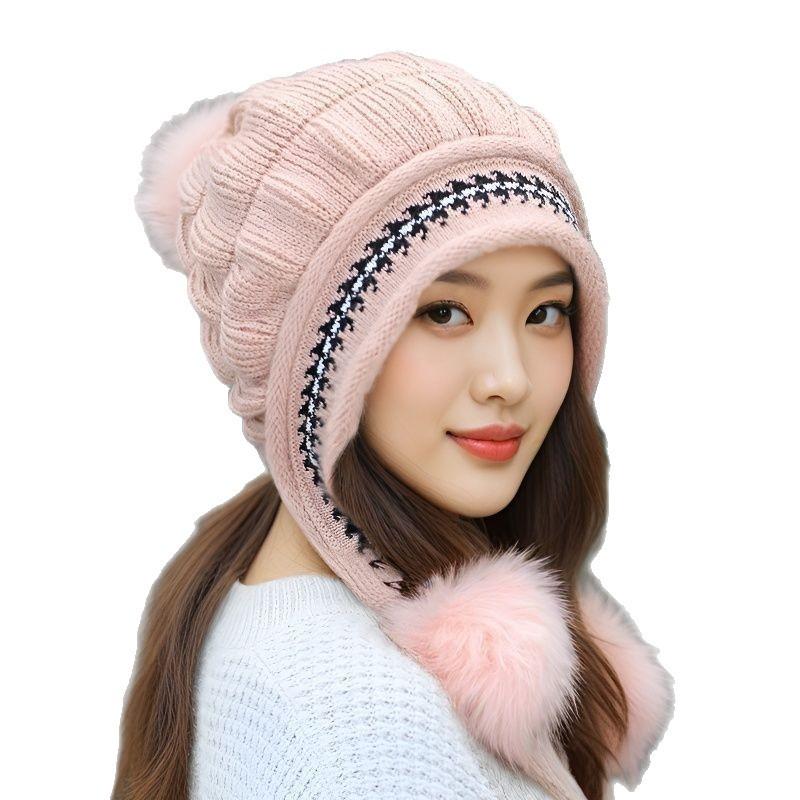 Autumn and Winter Adult Hat Women's Knitted Hat Fleece Ear Protector Hat Versatile Warm Wool Cute Fashion Outdoor