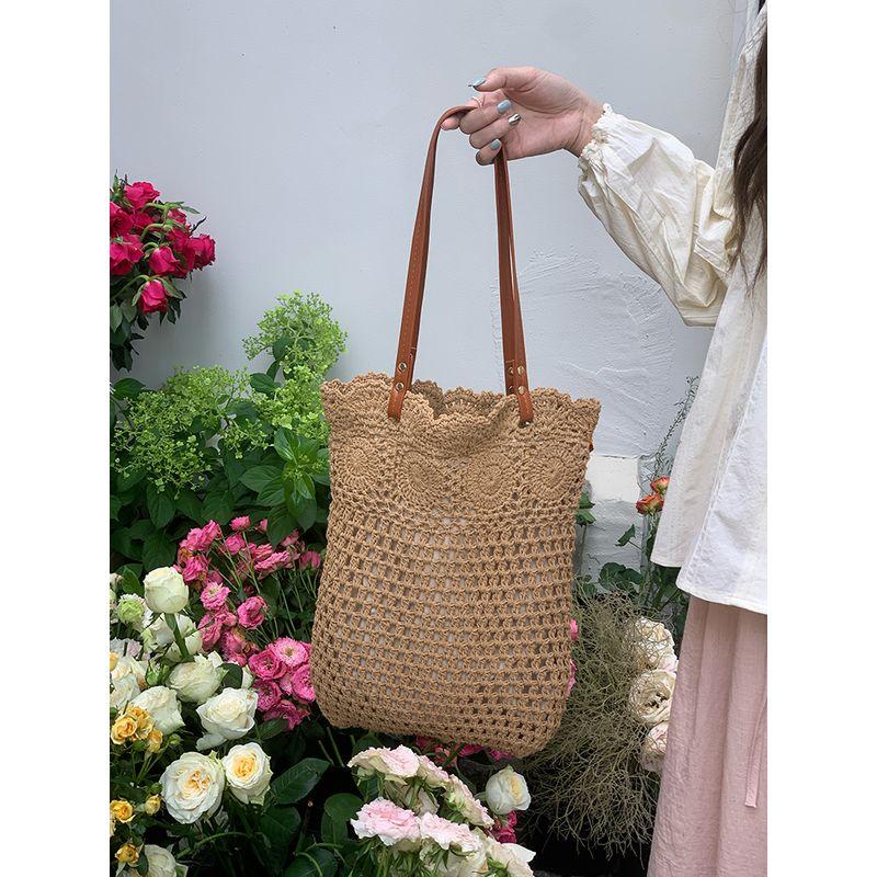 Large Capacity Shoulder Cotton Woven Bag Women 2025 New Hollow Mesh Tote Bag Seaside Vacation Beach Bag