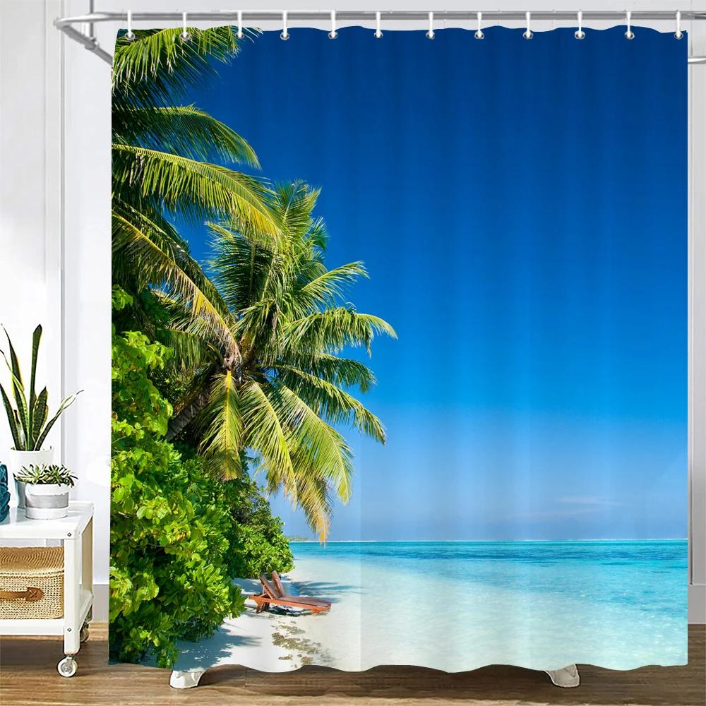 High Quality Sunny Beach Palm Tree Printed Fabric Shower Curtains Sea Scenery Bath Screen Waterproof Bathroom Decor with Hooks