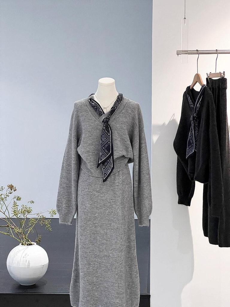 Elegant Autumn/Winter Two-Piece Set: Sweater Jacket & Half Skirt with Silk Scarf for Women.