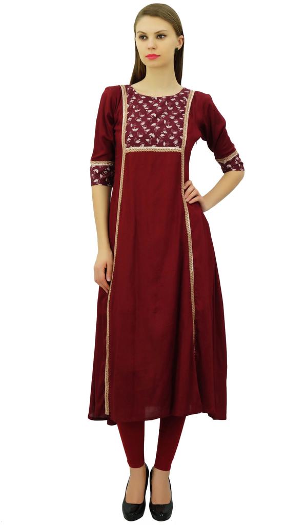 Bimba Women's Solid A-Line Rayon Kurti Lace Kurta 3 4 Sleevless Designer Ethnic