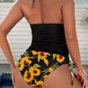 Black Sunflower Print Tankini Set Halter Side Tie Two Piece Swimsuit