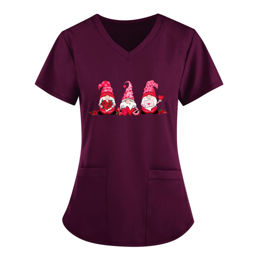 Women's New Cute Valentine's Day Love Pocket V-neck Short Sleeve Loose Top