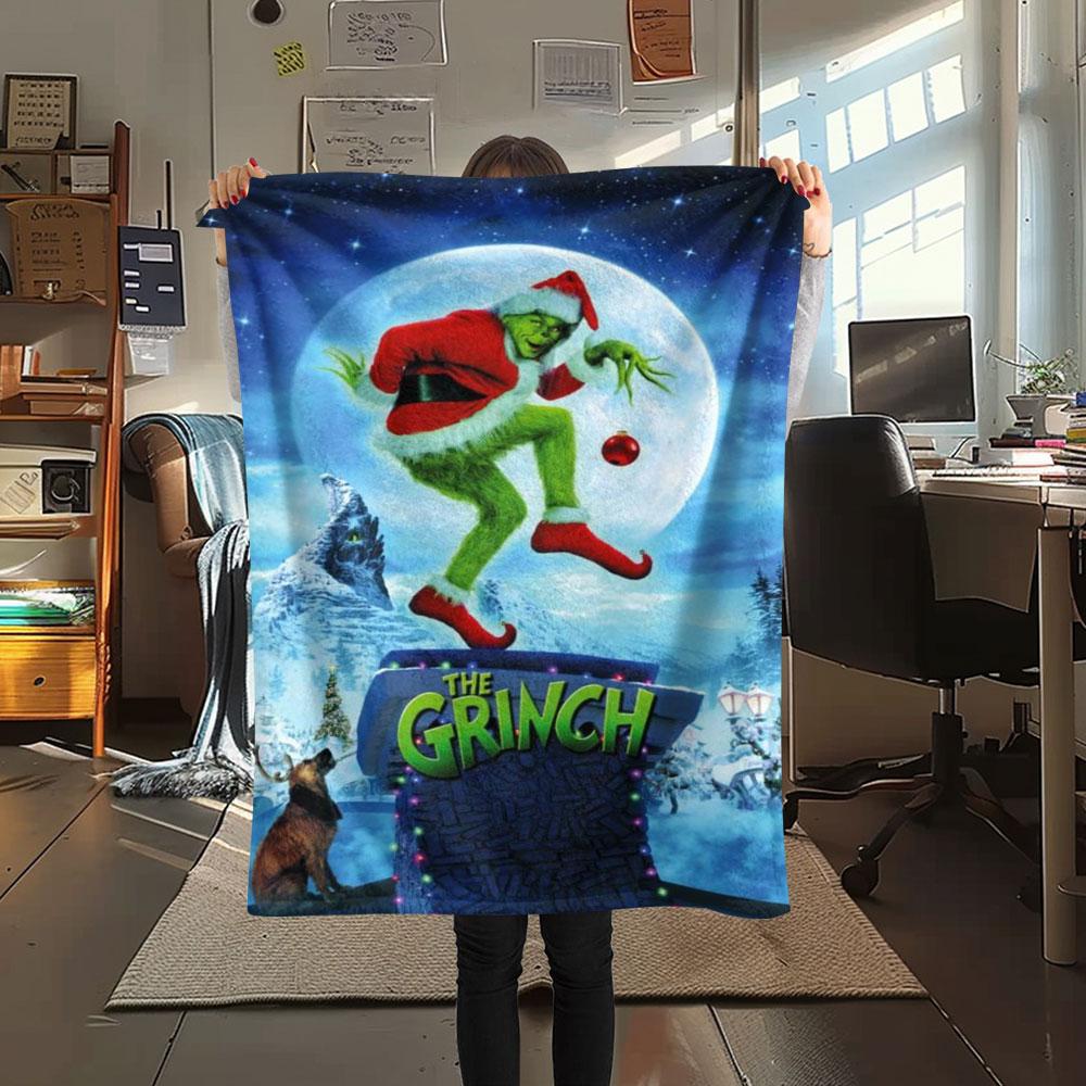 Christmas Grinch Cartoon Printing Flannel Blanket Bedroom Sofa Camping Warm Blanket Gifts for Family and friends-MJ020