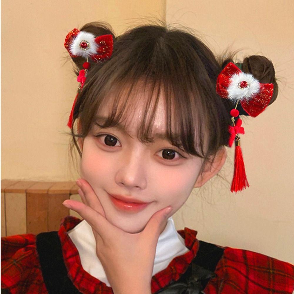 Plush Children Red Bow Hairpin Cat Ears Hanfu Hair Sticks All-match Ancient Style Hairpin  Girls