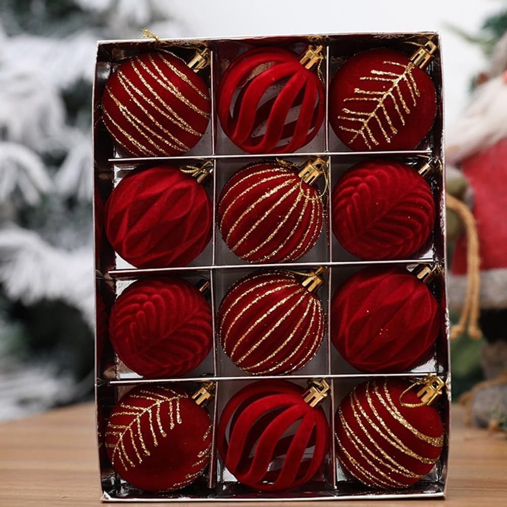 12PCS 6CM Velvet Christmas Ornaments Balls, Flocked Christmas Tree Ball Hanging Ornaments Shatterproof Xmas Bulbs For Christmas Tree