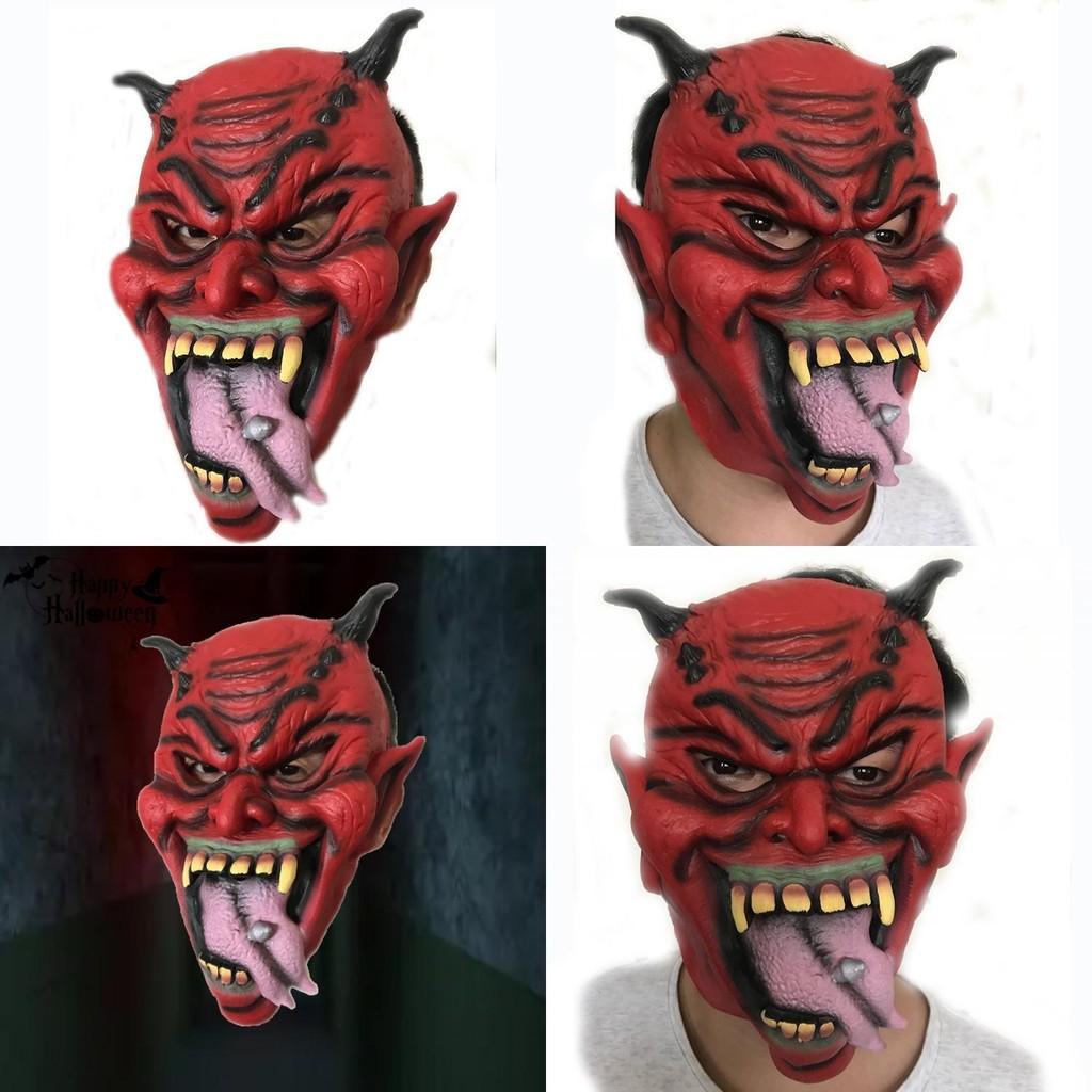 Exquisite Red Horned Mask With Long Tongue And Spikes Ideal For Halloween Celebrations