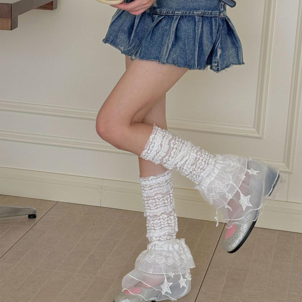 Women Ruffle Lace Leg Warmer Sweet Knee Highs Socks Mesh Flared Leg Socks Princess Leg Sleeves Halloween Costumes