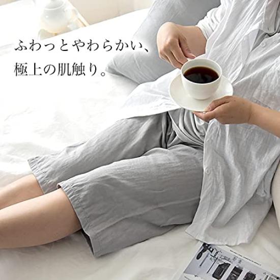 Sleep Tailor Suteteko Cotton Double Gauze Pajamas Women's (Dry-Washed Shorts), 100% Cotton, Washable, Quick-Drying, Oeko-Tex Certified, (Pure White,