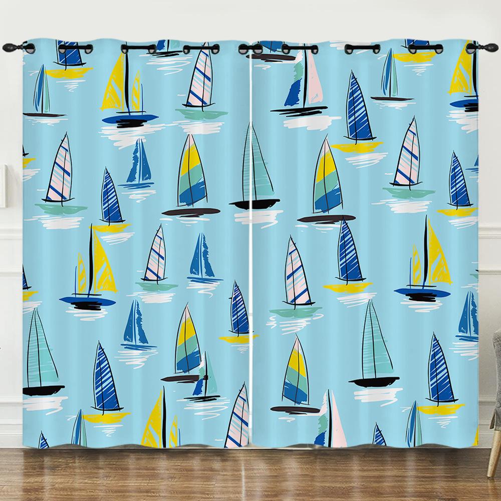 Curtains Cartoon Sailing Digital Printing Blackout Curtains Bedroom No Punching