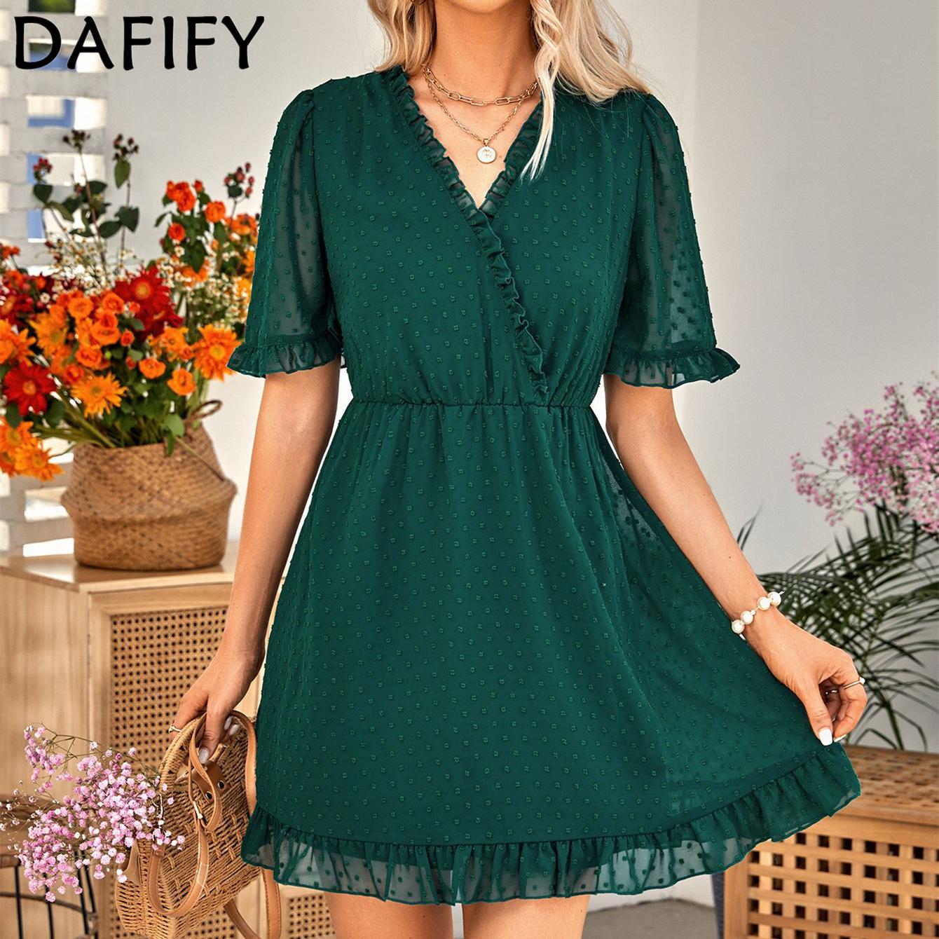 

DAFIFY женские модные летние весенние однотонные повседневные платья с короткими рукавами и v-образным вырезом со средней талией и принтом
