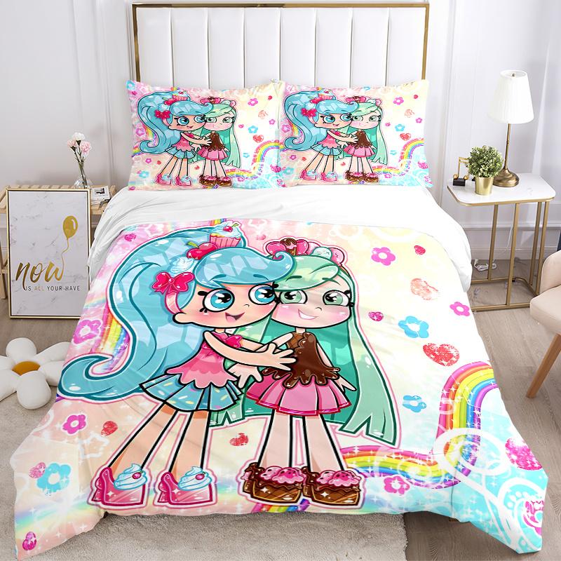 3pcs Shopkins Rainbow Heart Floral Bedding Set-Universal Three-Piece Suit for Bedroom, Guest Room, Living Room, Hotel, Festive Gift, Suitabl