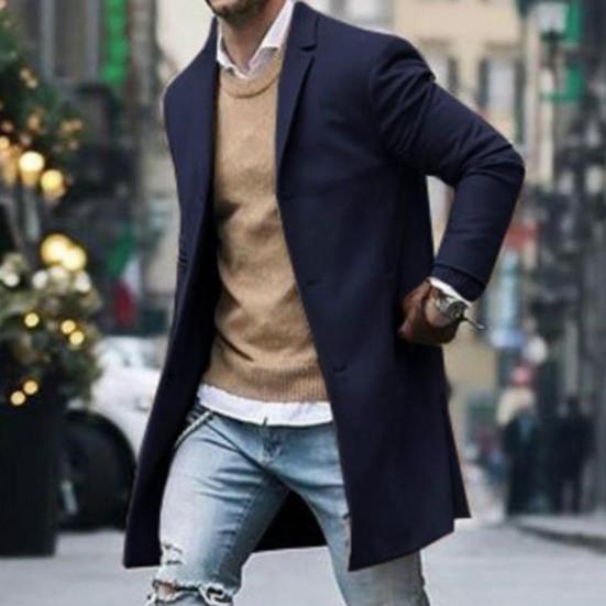 Męska kurtka wiatrówka z klapami, długi rękaw, jednorzędowa, ciepła, z kieszeniami, jednokolorowa, średniej długości kurtka-płaszcz