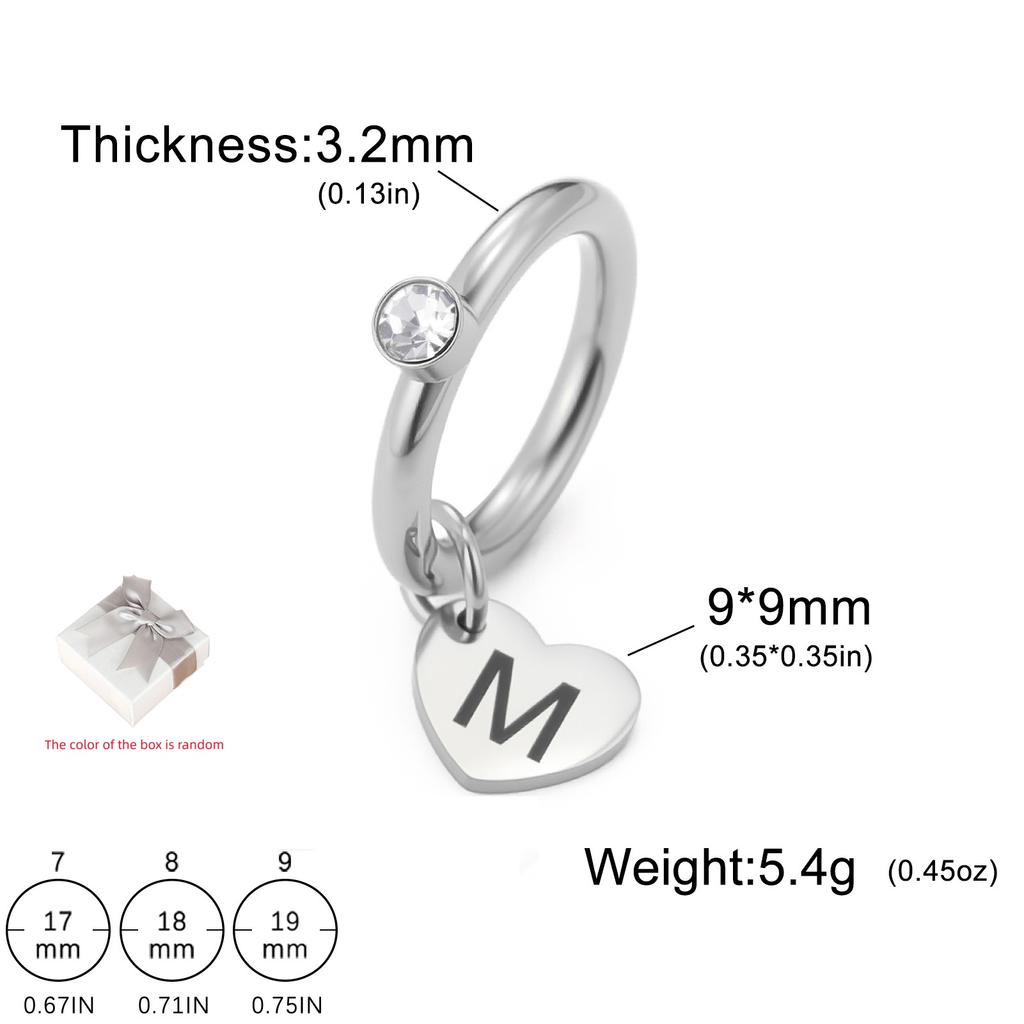 Customized A-Z Initial Love Pendant Ring Stainless Steel Personalized Letter Number and Symbol Heart shaped Water Diamond Ring