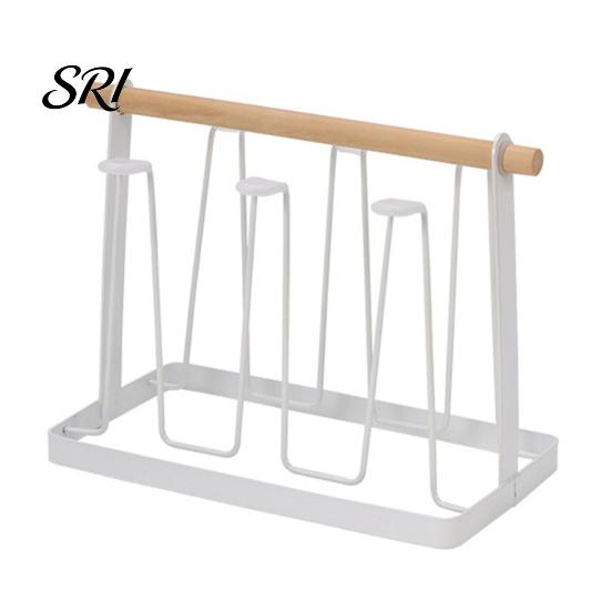 Nordic Style Cup Holder Iron Drying Rack with Wood Handle & Drip Tray Baby Bottle Plastic Dryer Space-Saving Countertop Organizer for Mugs Glasses