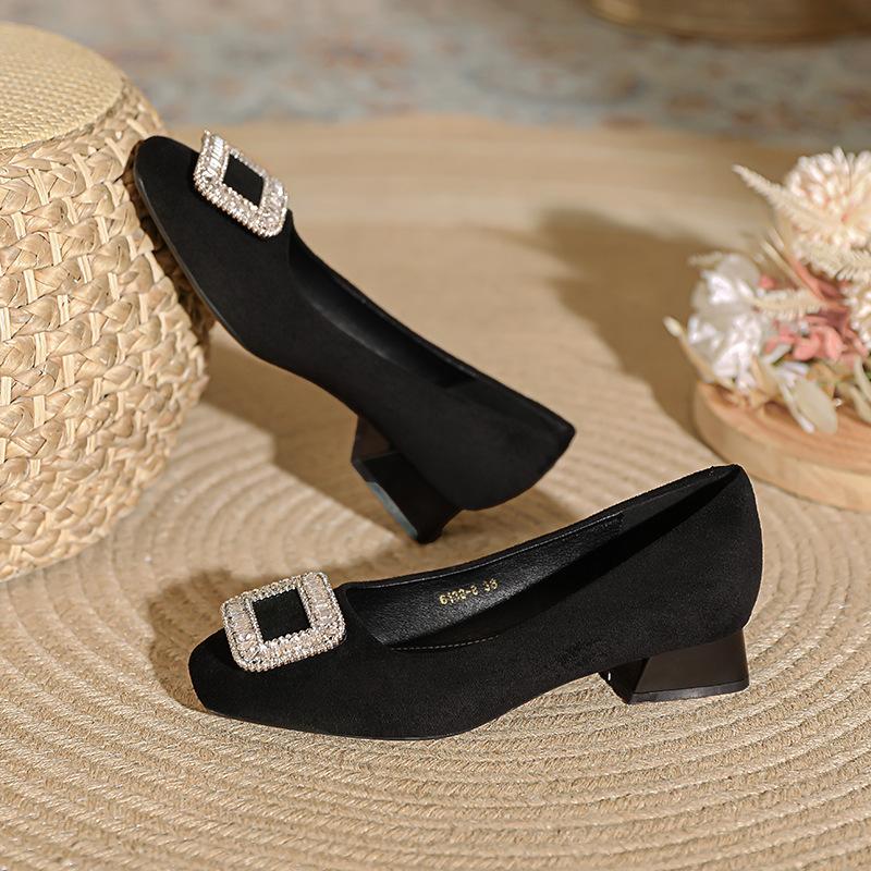 Comfortable low-heeled single shoes women's black work shoes 2025 spring and autumn women's shoes French rhinestone square buckle thick heel high heel