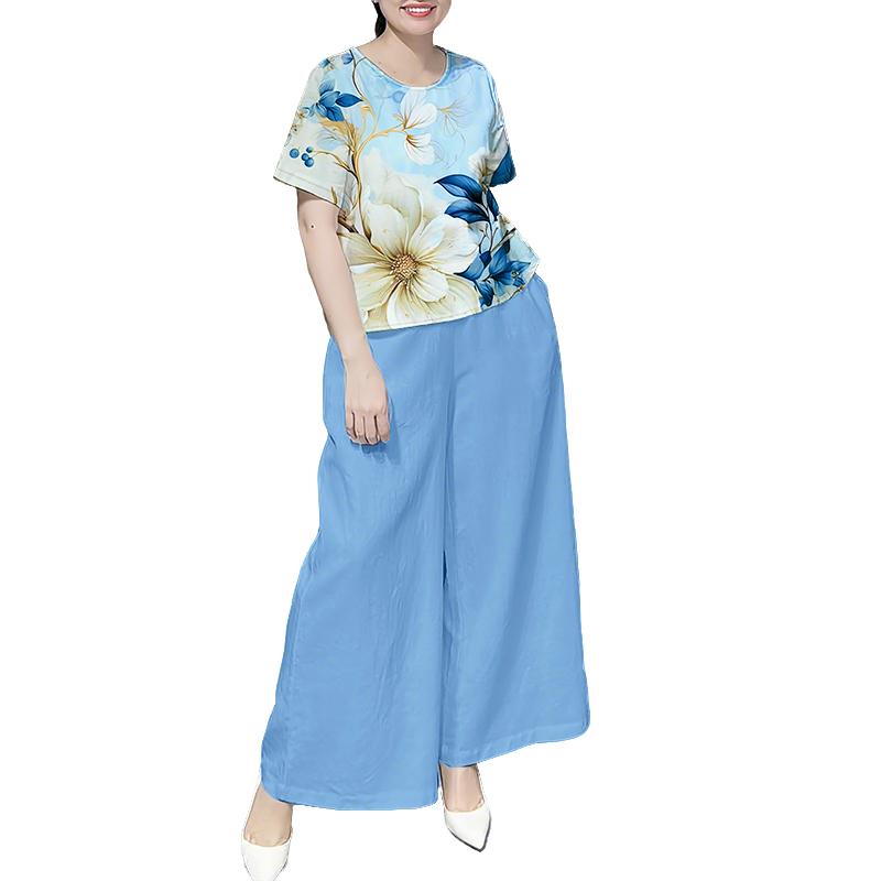 

ZANZEA Женский цветочный блузон с коротким рукавом и брюки с широкими штанинами Летние костюмы-двойки 5XL синий