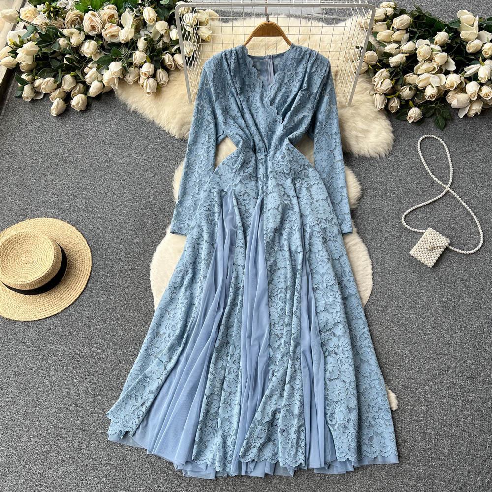 Abiti da Donna Francesi Delicati Eleganti in Pizzo con Cuciture in Rete Estate Autunno Manica Lunga Abiti da Ballo Sera Compleanno