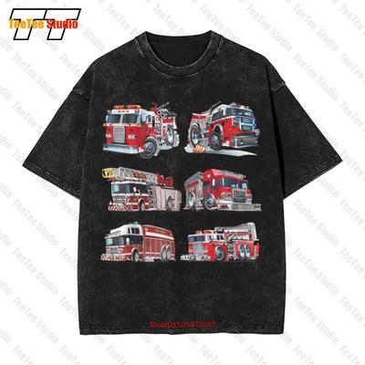Types Of Fire Truck Boy Toddler Kids Firefighter Xmas Vintage Oversized Tshirt Tee Bhky