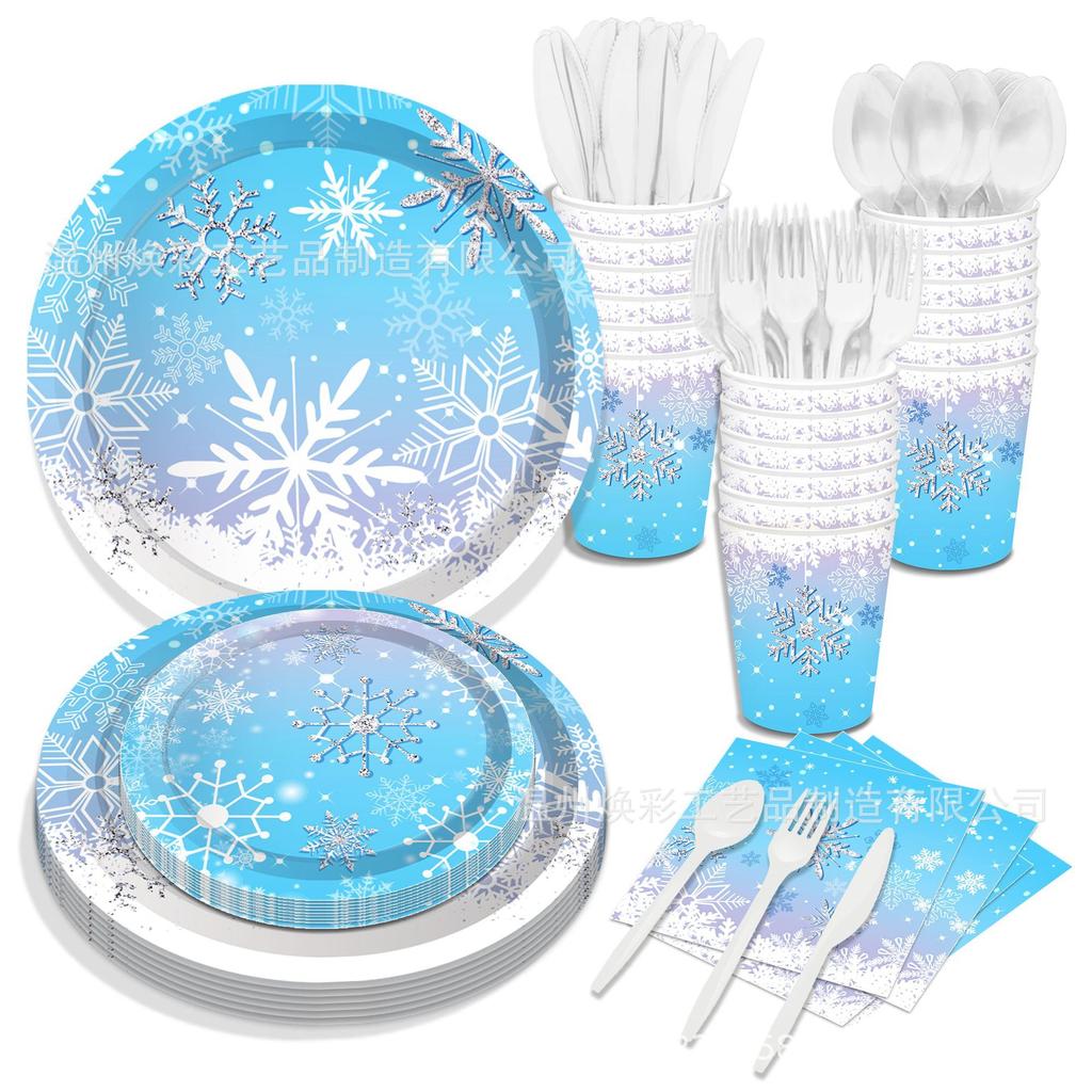 Blue Snowflake Disposable Tableware Blue Snow Plates Cups Napkins Merry Christmas Girls Happy Snow Theme Birthday Party Supplies