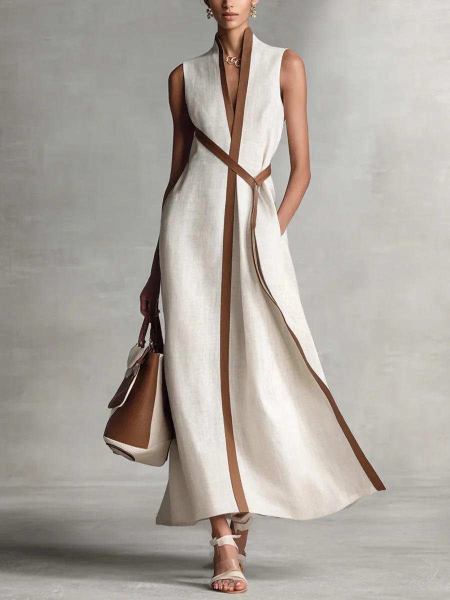 Damen-Farbblock-Ärmelloses Baumwoll-Leinenkleid mit Stehkragen M weiß