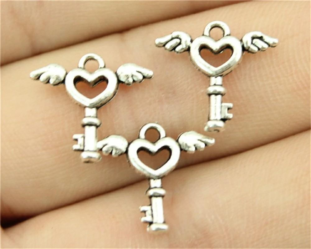 30 Pieces Charms For Jewelry Making Wing Heart Key 15x14mm DIY Fashion Jewelry Craft Supplies B13059