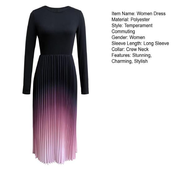 Women's Pleated Gradient Midi Dress Long Sleeve Swing A-line Dress Slim Fit Crew Neck Flowy Cocktail Dress