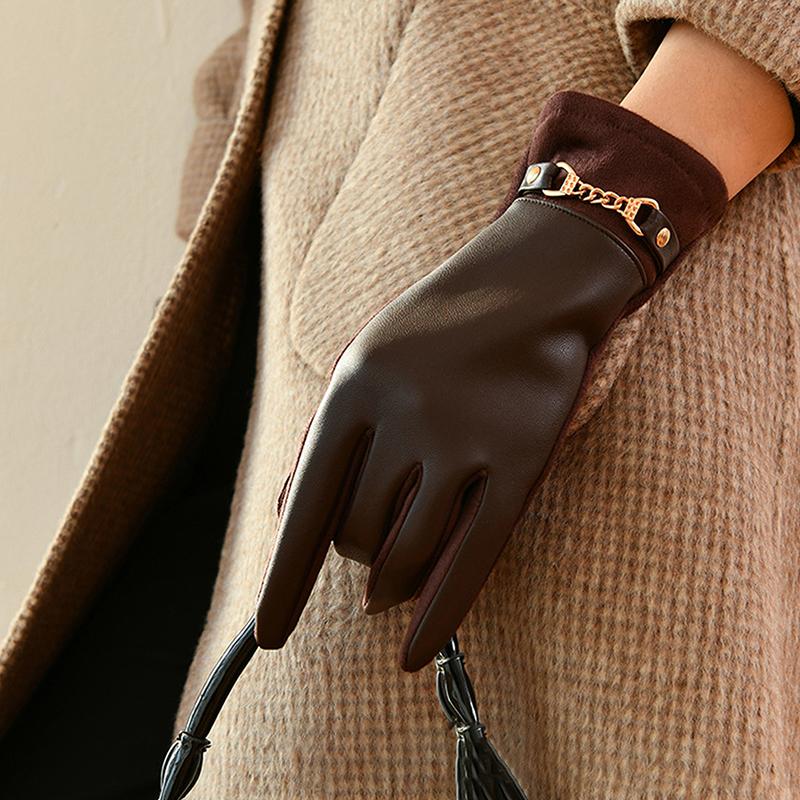 Luxury Protein Leather Fleece Lined Women'S Gloves Winter Cycling Windproof Keep Warm Elegant Touchscreen Gloves